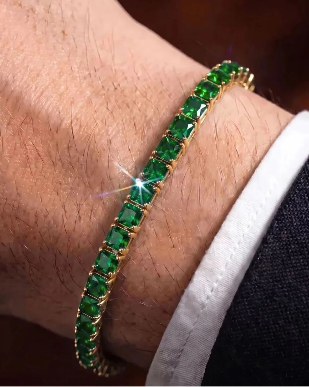Bruce & Co Green Square-Stone Tennis Bracelet, 4 mm, Gold-Tone Steel
