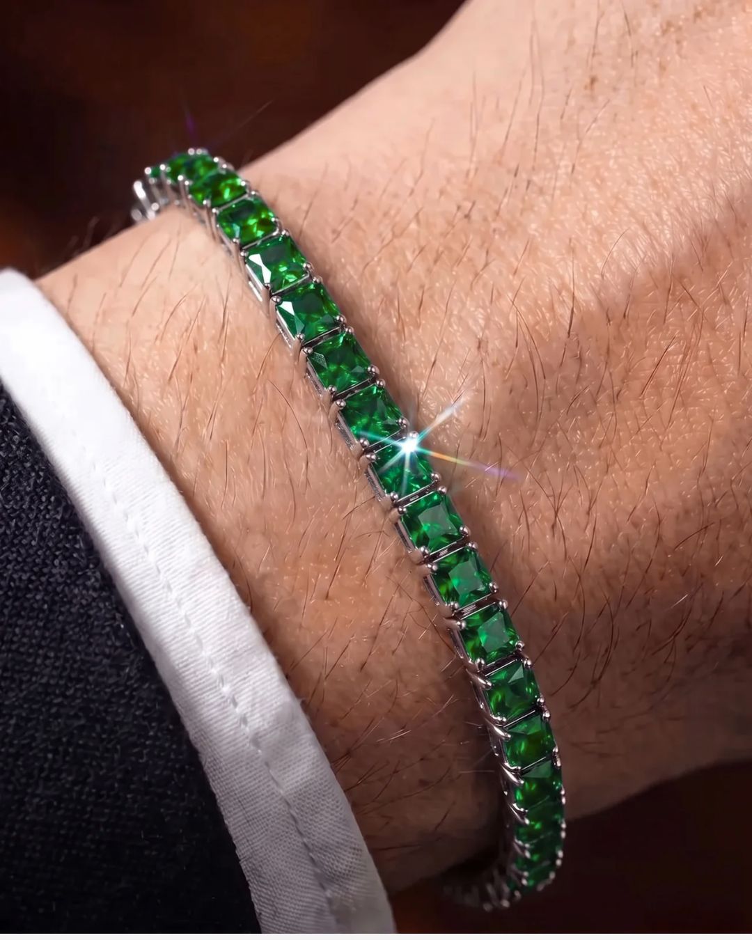 Bruce & Co Green Square-Stone Tennis Bracelet, 5 mm, Silver-Tone Steel