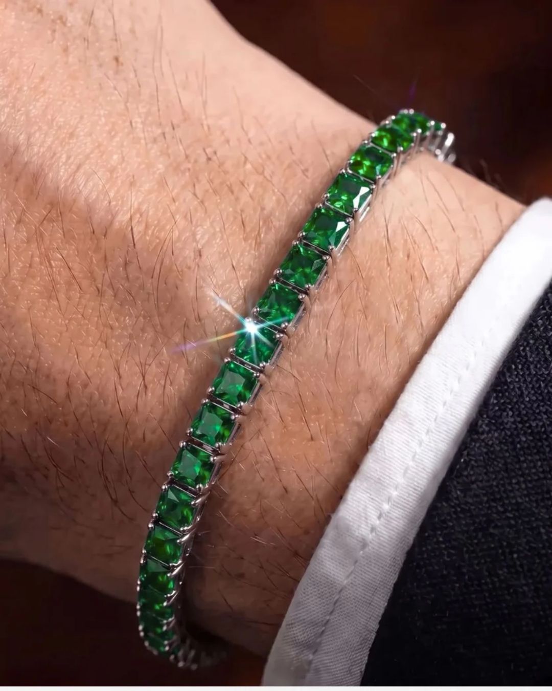 Bruce & Co Green Square-Stone Tennis Bracelet, 4 mm, Silver-Tone Steel
