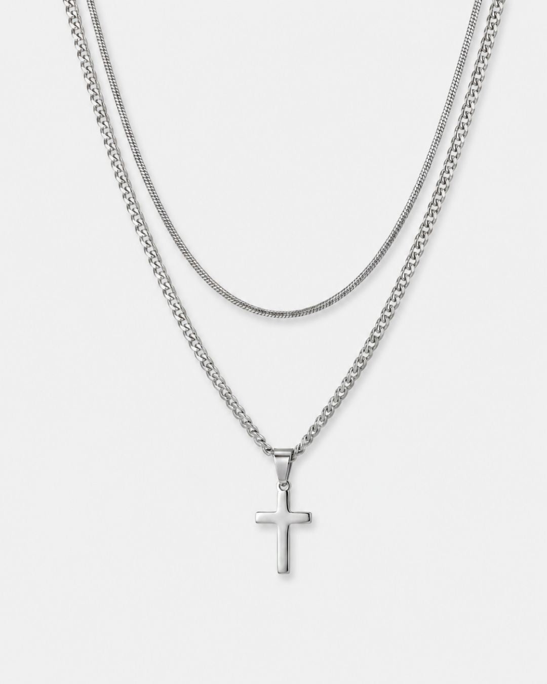 Cross and Square Chain Necklace Set, 2 Pieces, Stainless Steel