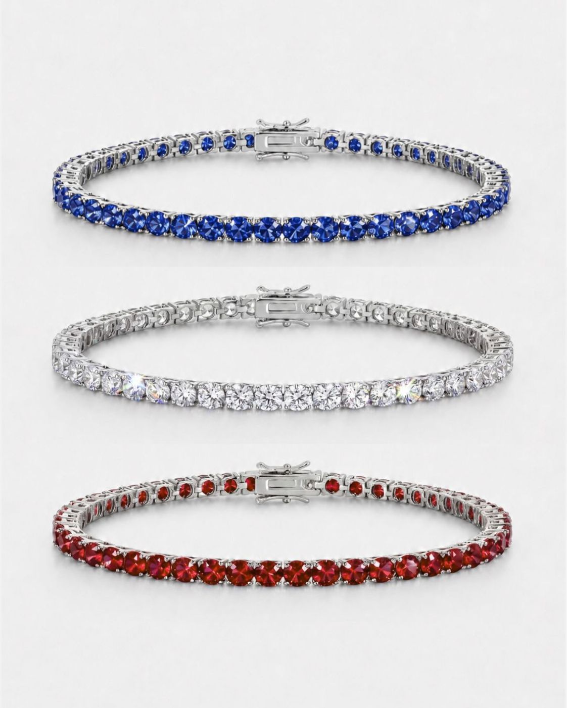 Bruce & Co Men’s Red White Blue Tennis Bracelet Set, 3 Pieces, Silver-Plated