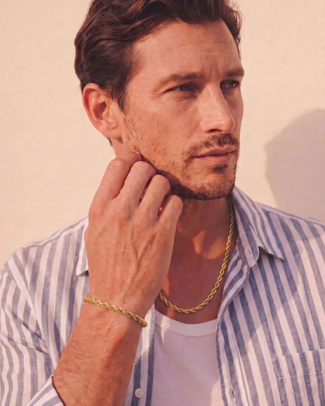 Bruce & Co Tressé Acier – Men’s 18K Gold-Plated Rope Chain Bracelet, 5 mm, Adjustable