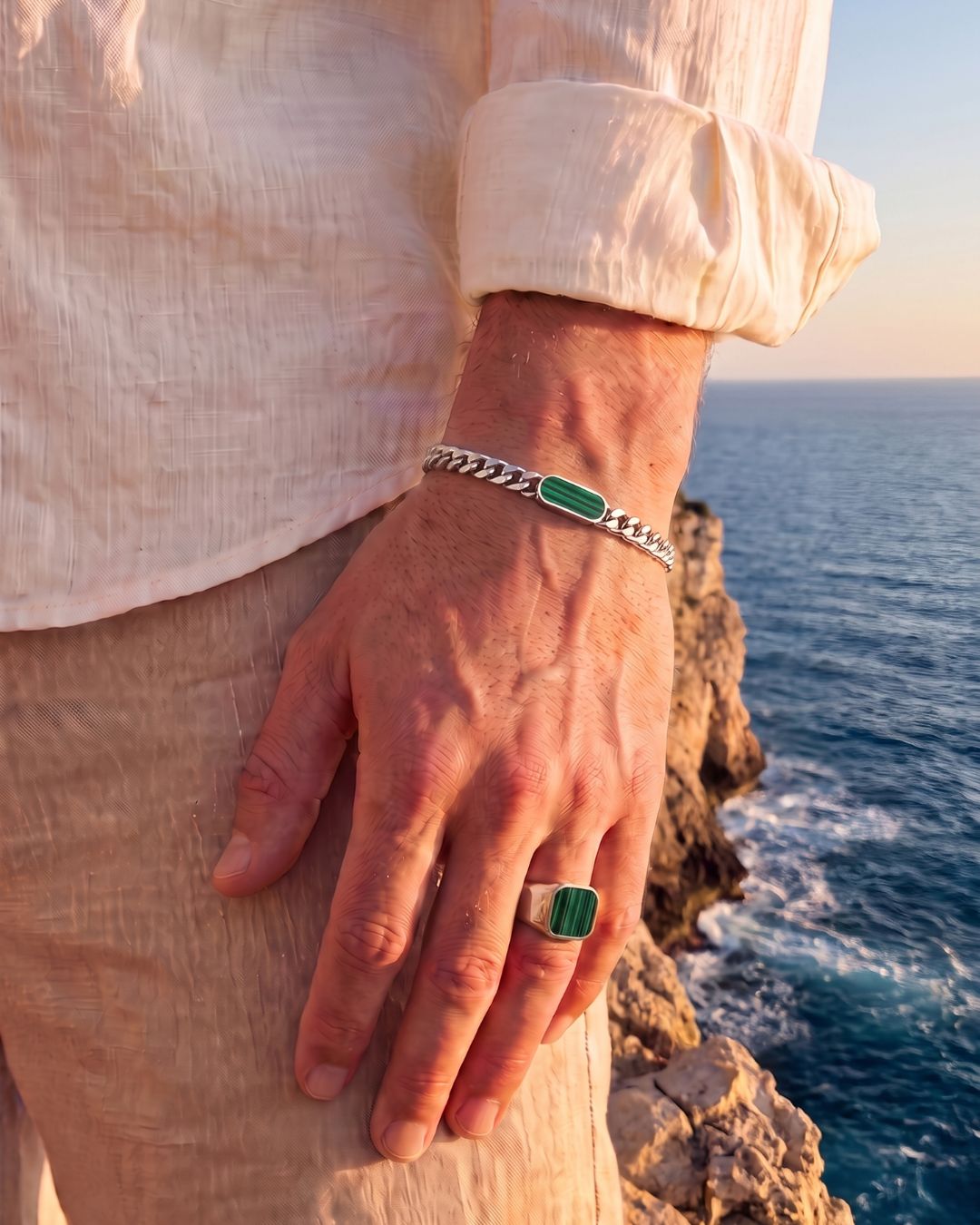 Bruce & Co Men’s Green Inlay Cuban Chain Bracelet, Adjustable Stainless Steel