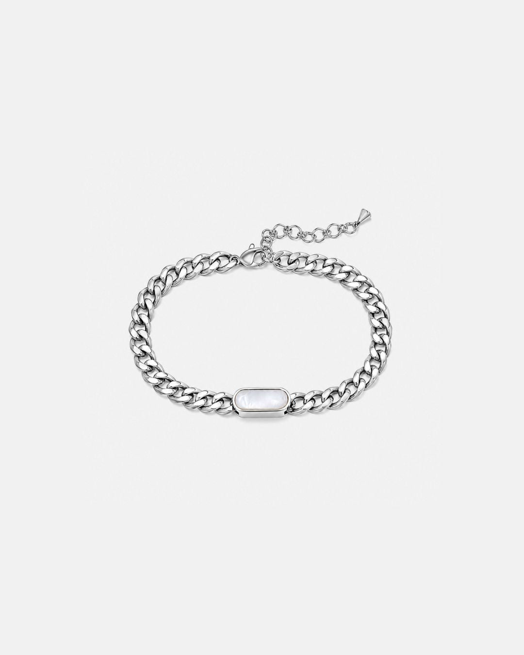 Bruce & Co Men’s Pearlescent White Inlay Cuban Chain Bracelet, Adjustable Stainless Steel