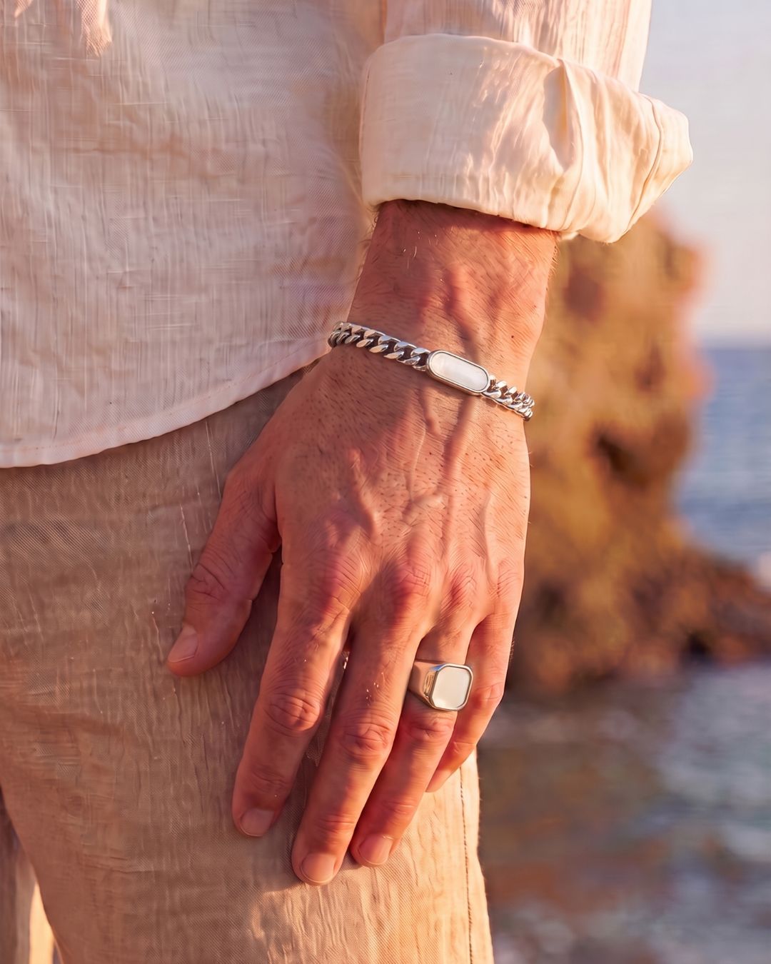 Bruce & Co Men’s Pearlescent White Inlay Cuban Chain Bracelet, Adjustable Stainless Steel