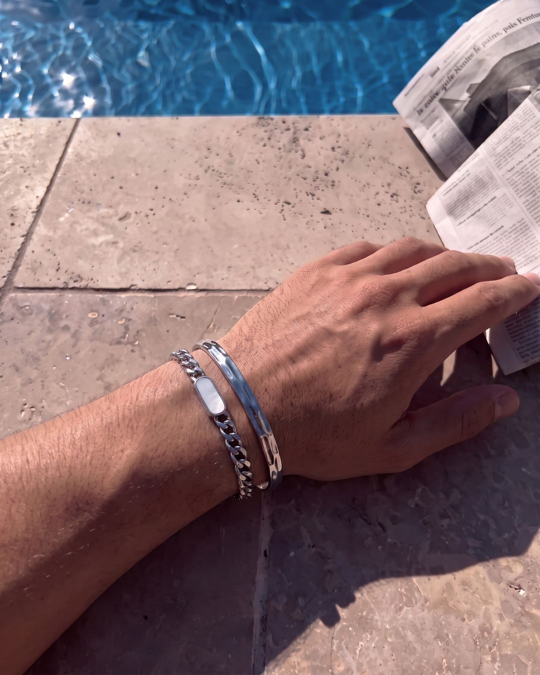 Bruce & Co Men’s Pearlescent White Inlay Cuban Chain Bracelet, Adjustable Stainless Steel