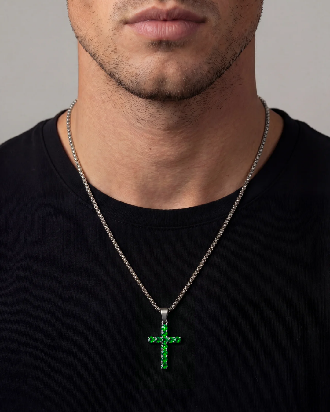 Bruce & Co Green Zirconia Cross Pendant Necklace, Silver-Tone, 60 cm