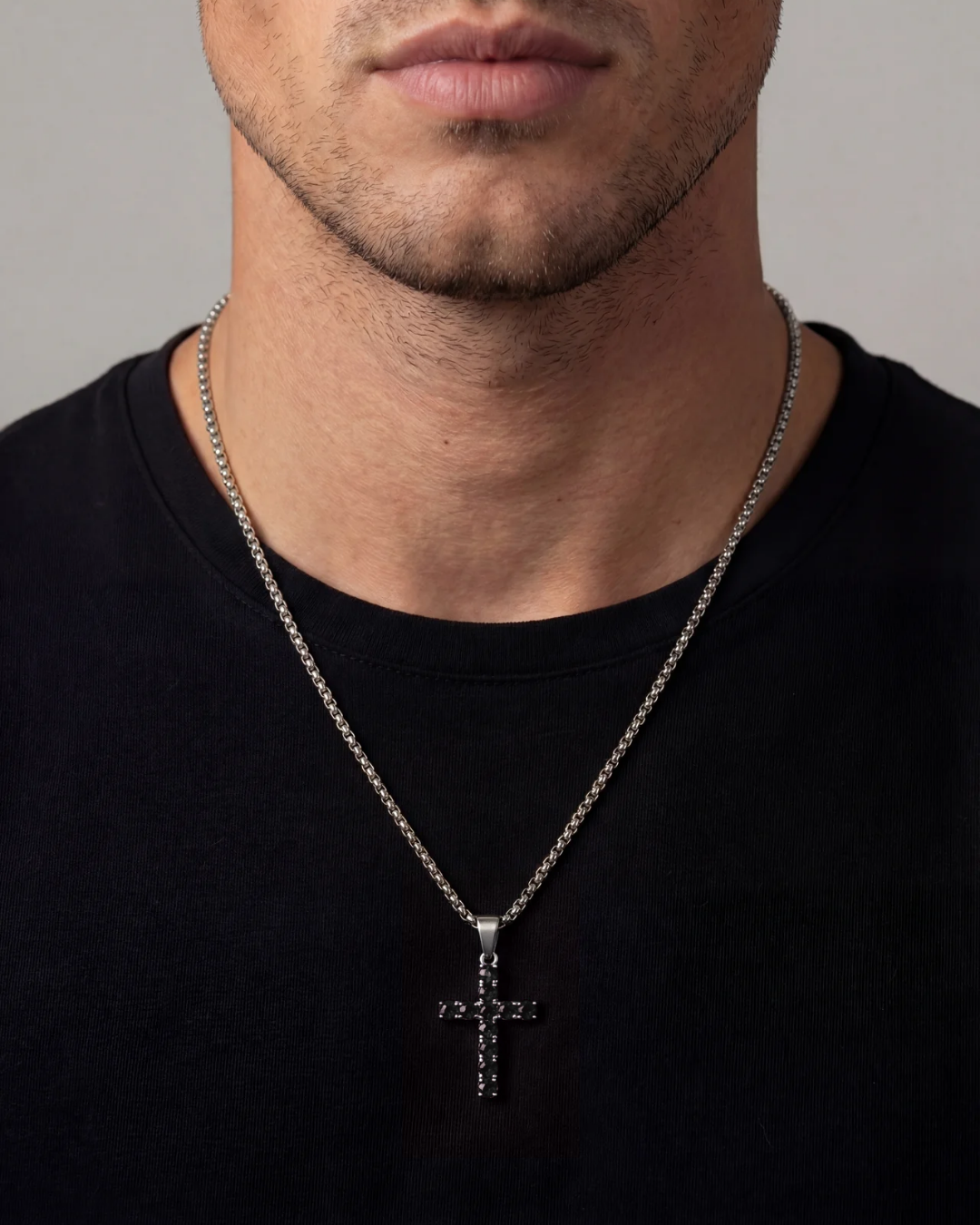 Bruce & Co Black Zirconia Cross Pendant Necklace, Silver-Tone, 60 cm