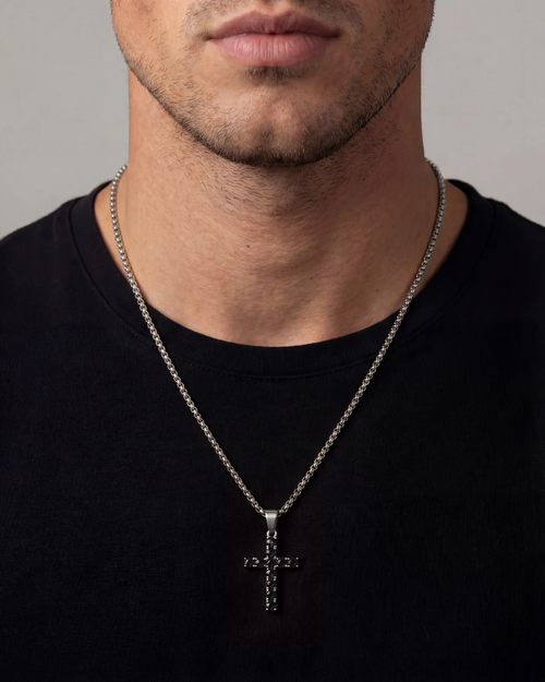 Bruce & Co Black Zirconia Cross Pendant Necklace, Silver-Tone, 60 cm