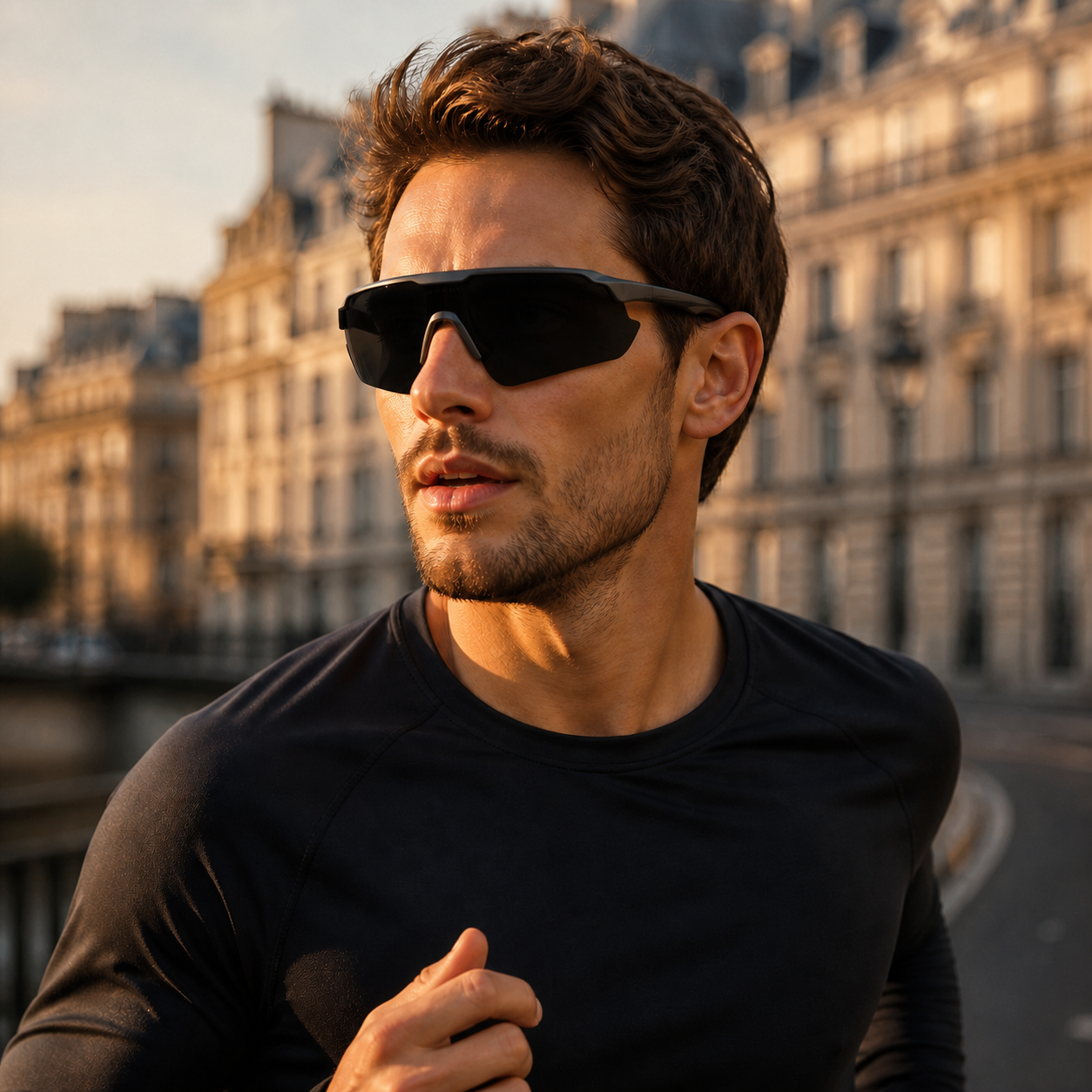 ACE Onyx black sports sunglasses worn by runner in European city