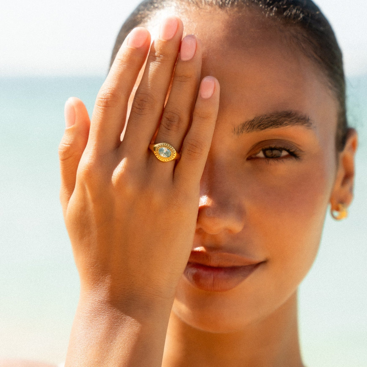 Bruce & Co Aegean – Blue Zircon Sunburst Ring, Steel