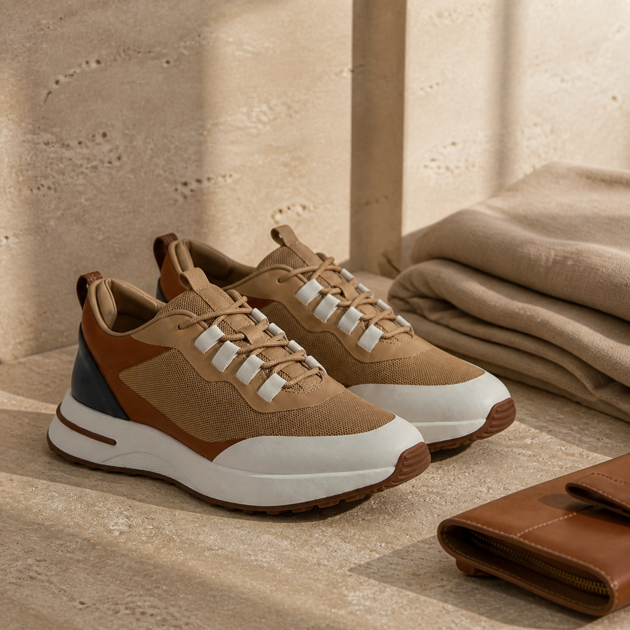 Aerivo Cognac sneakers — premium editorial still life