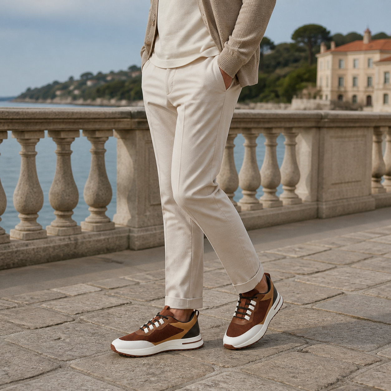 Aerivo Espresso Brown sneakers worn on a Mediterranean promenade