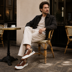 Aerivo Espresso Brown sneakers styled at a European café