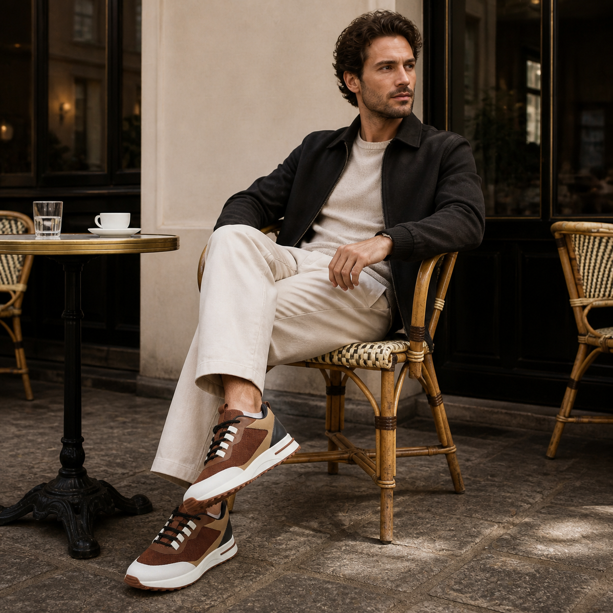 Aerivo Espresso Brown sneakers styled at a European café