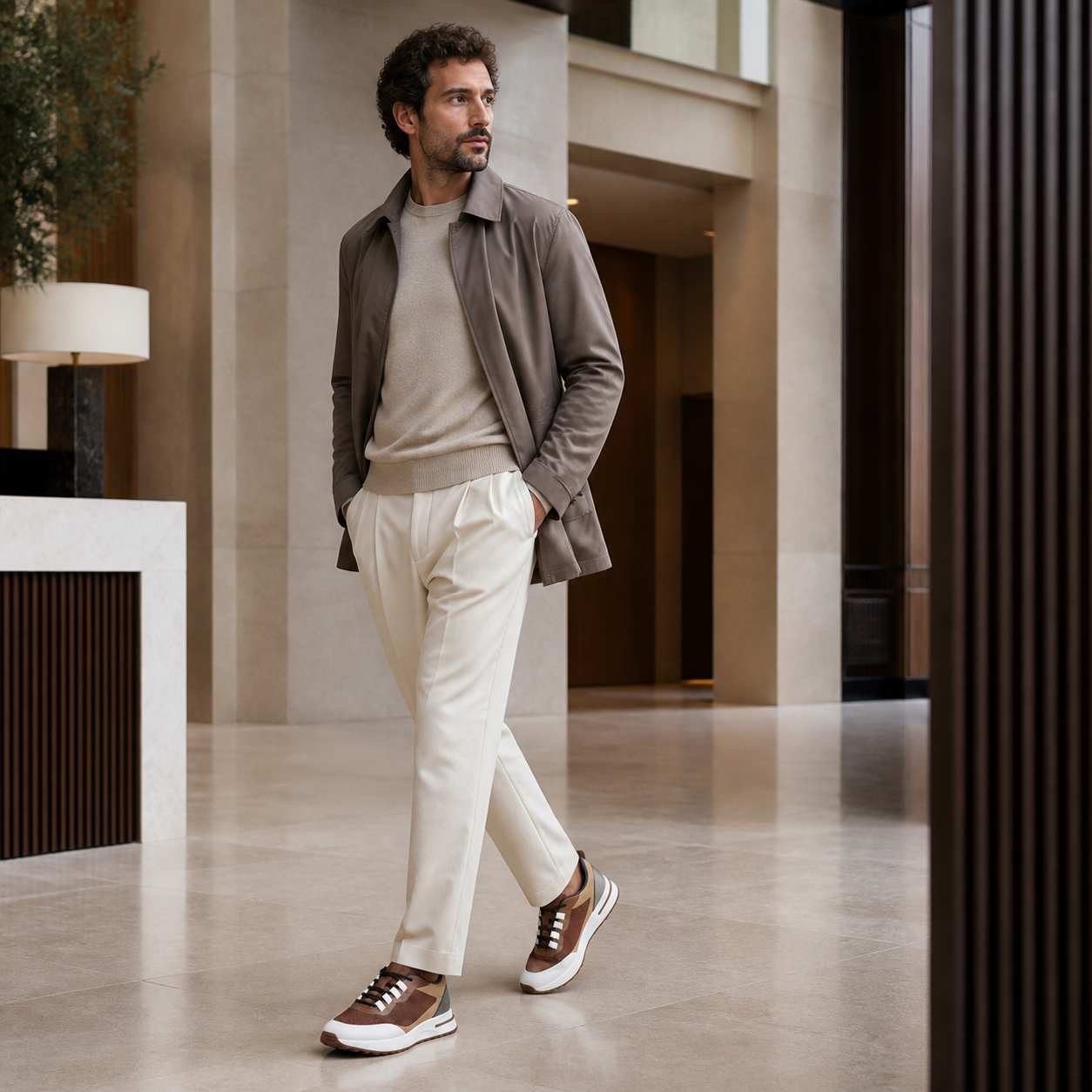 Aerivo Espresso Brown sneakers worn in a European hotel