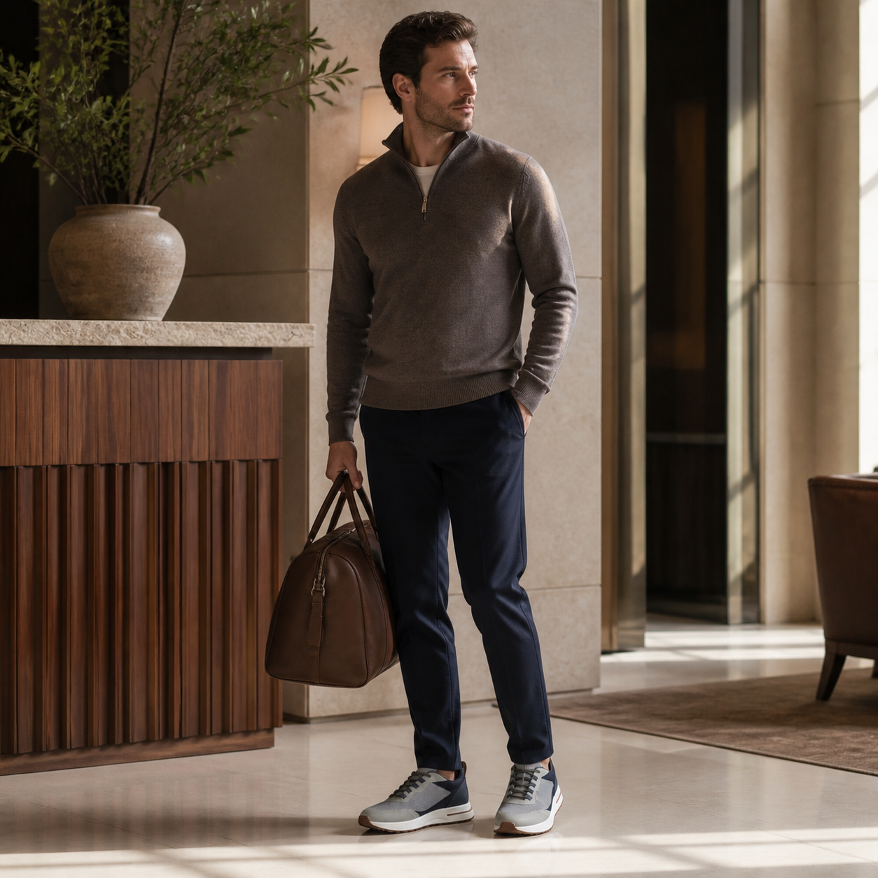 Aerivo Mist Grey sneakers — luxury hotel styling