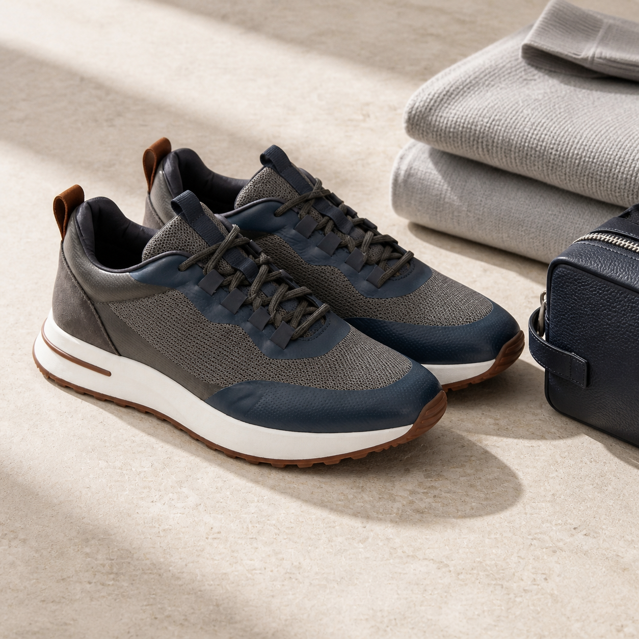 Aerivo Navy sneakers — premium editorial still life