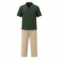 Avedane dark green textured cotton shirt and beige drawstring trousers front view