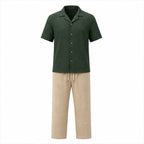 Avedane dark green textured cotton shirt and beige drawstring trousers front view