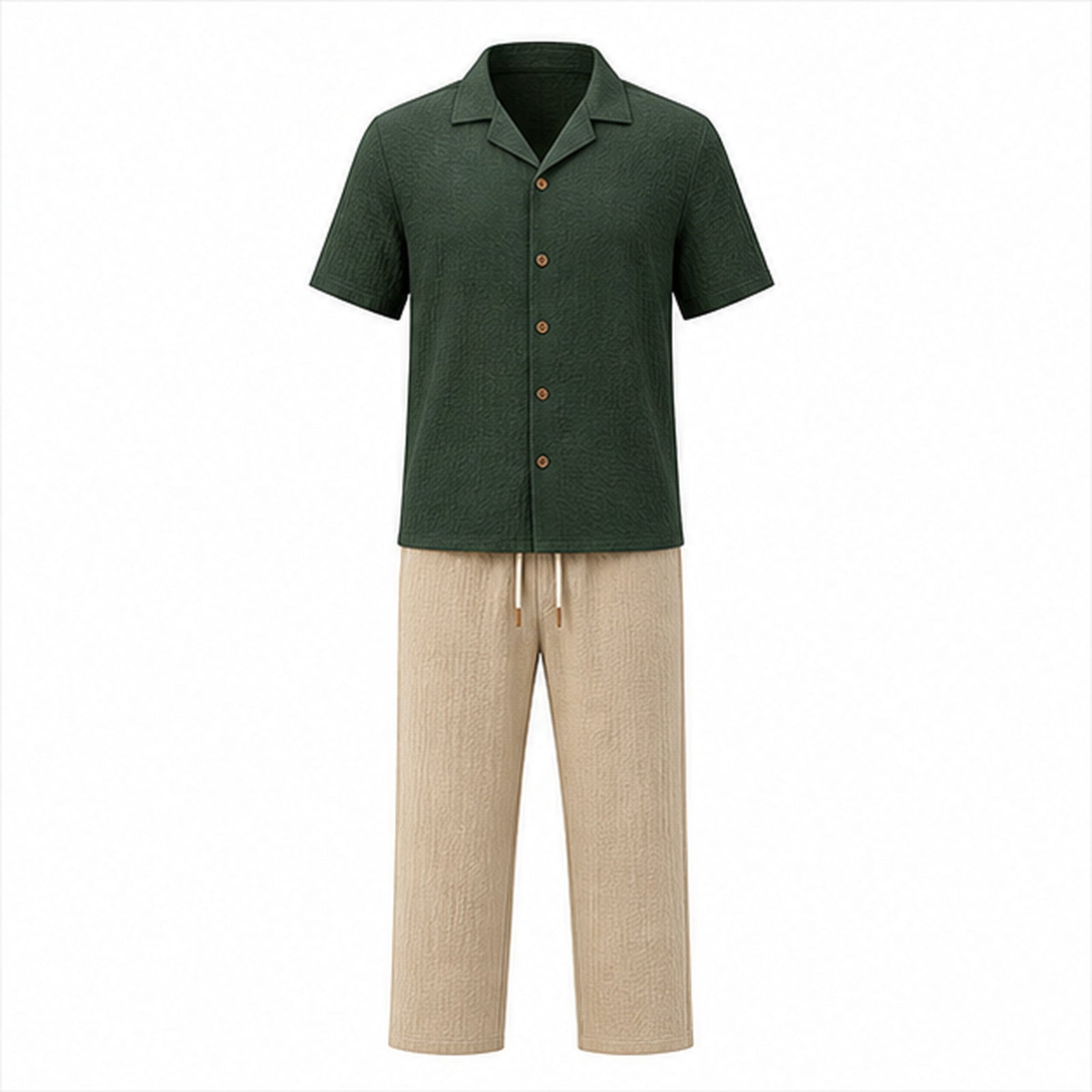 Avedane dark green textured cotton shirt and beige drawstring trousers front view