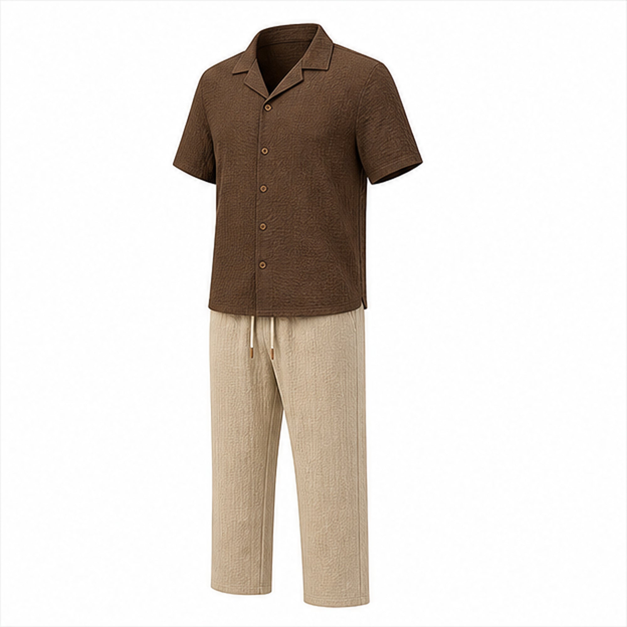Avedane coffee shirt and beige drawstring trousers three-quarter view