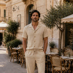 Avedane tonal beige summer set styled outside a European cafe
