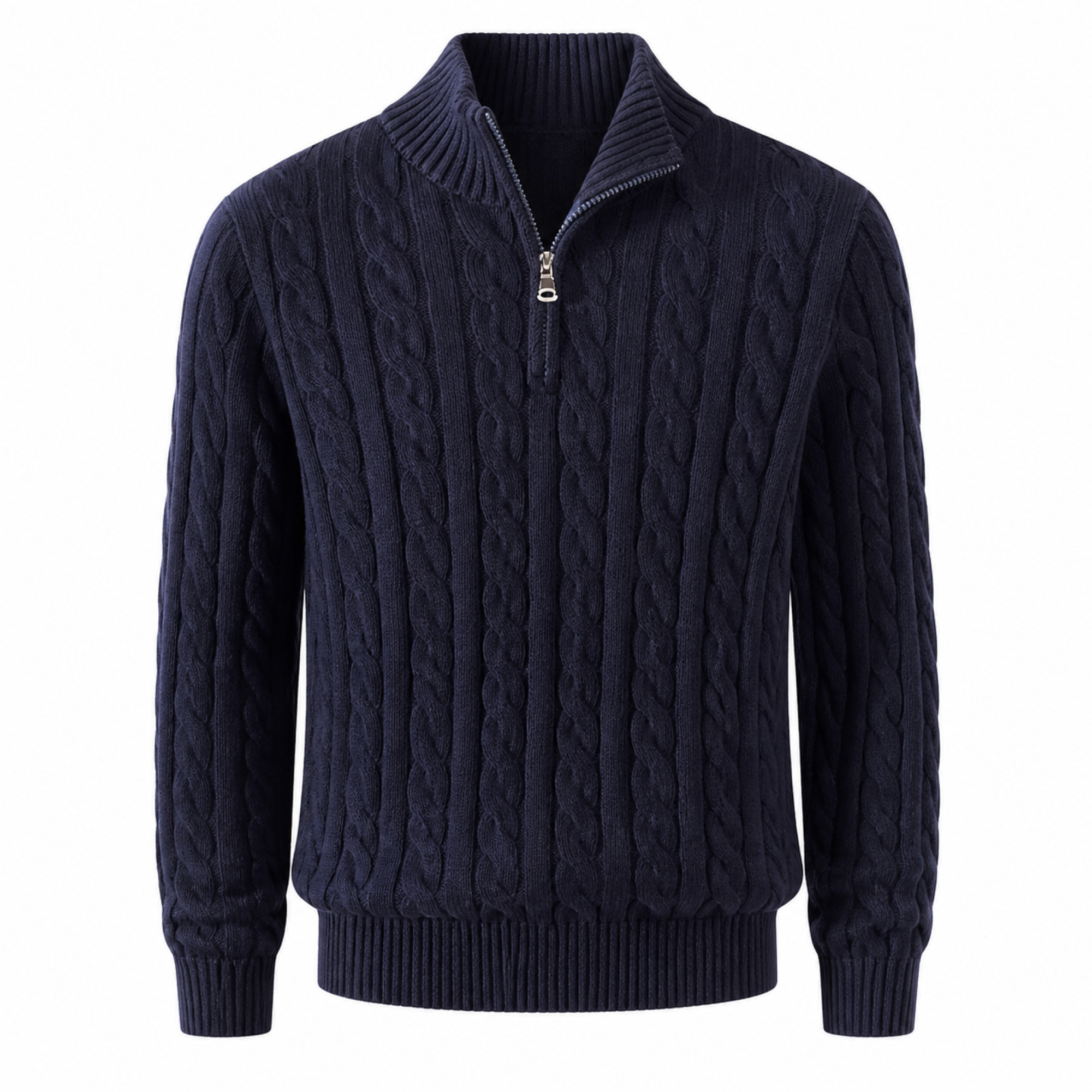 Avenor navy cable-knit half-zip sweater ghost mannequin