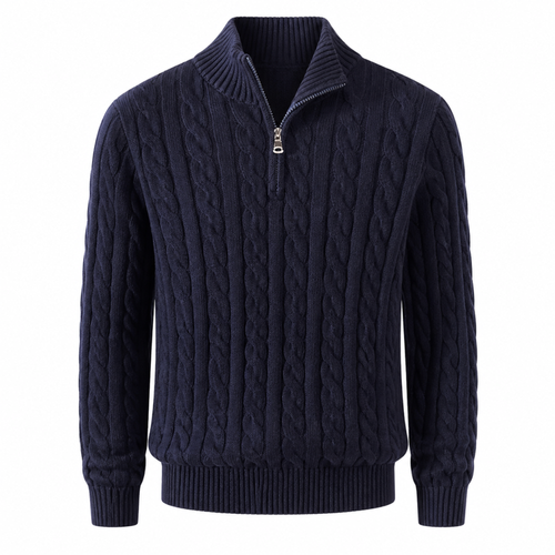 Avenor navy cable-knit half-zip sweater ghost mannequin