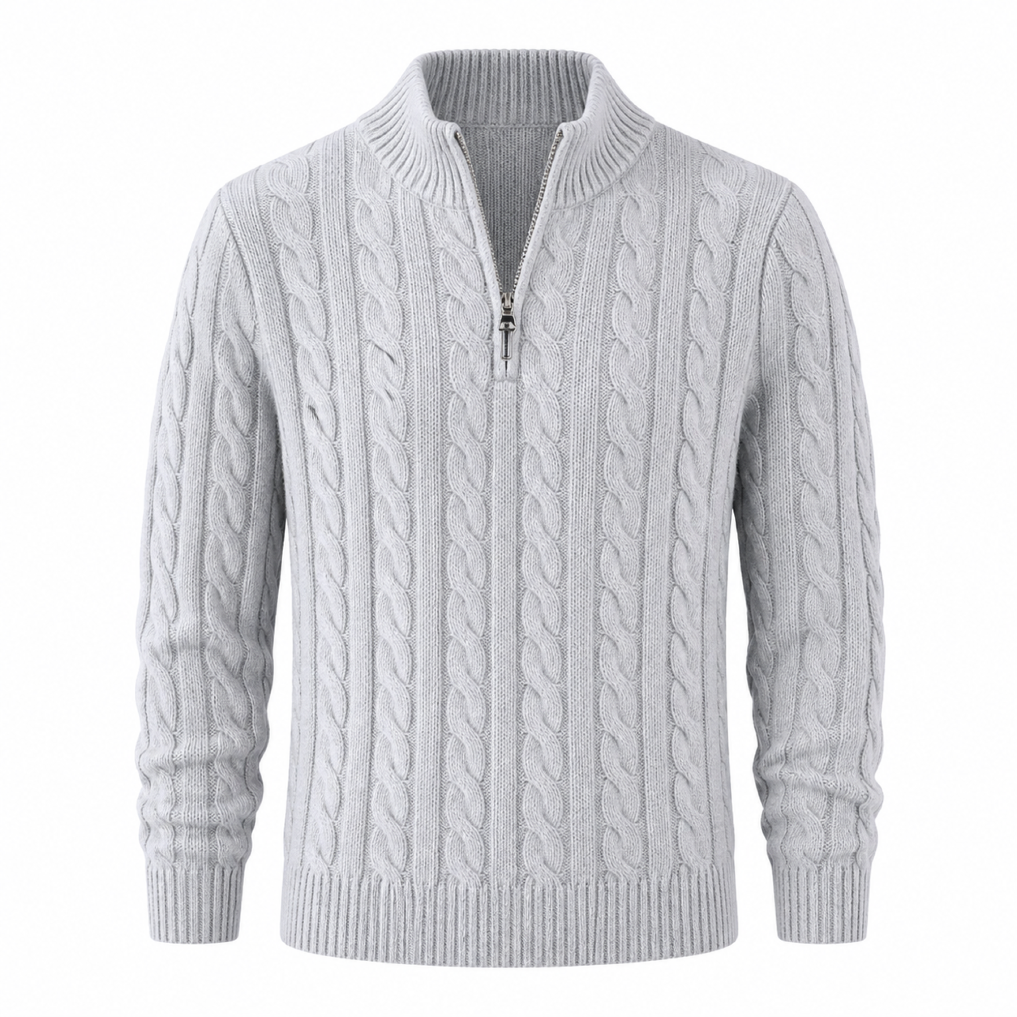 Avenor grey cable-knit half-zip sweater ghost mannequin