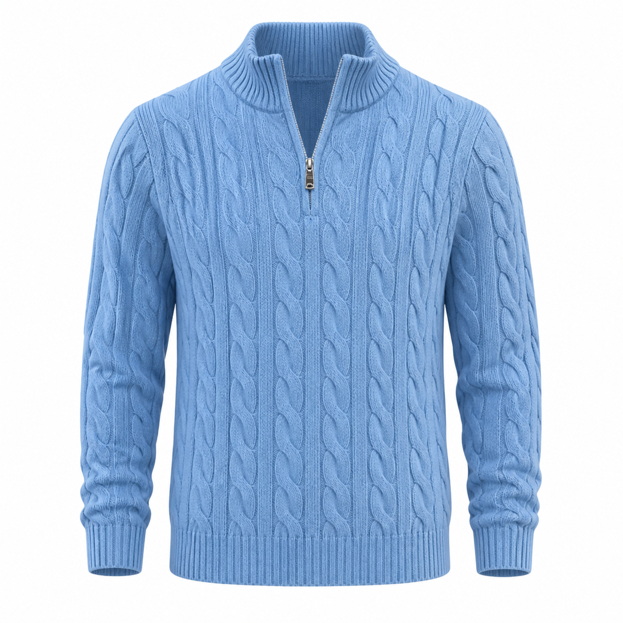 Avenor light blue cable-knit half-zip sweater ghost mannequin