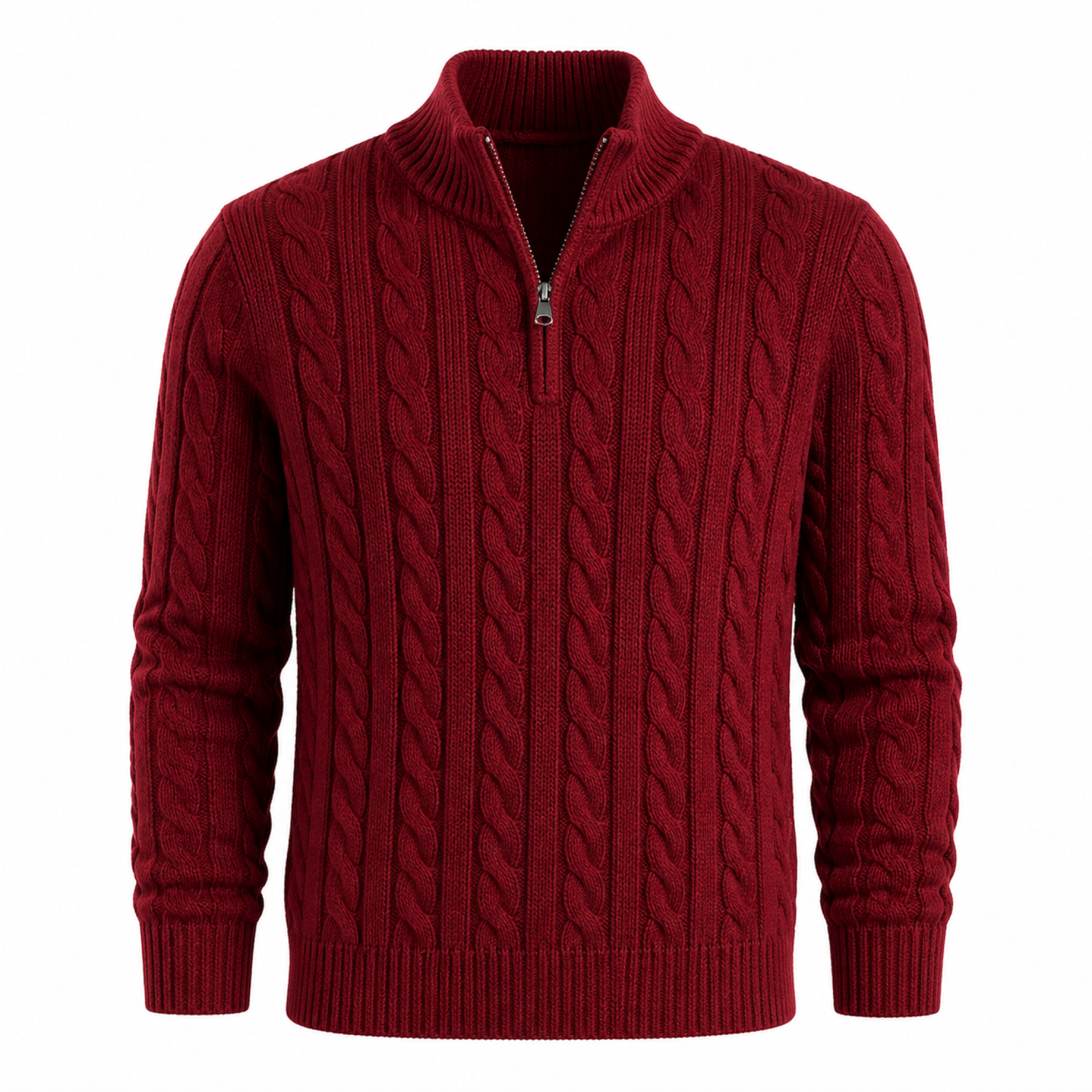 Avenor burgundy cable-knit half-zip sweater ghost mannequin