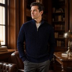 Avenor navy sweater styled in a library