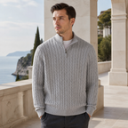 Avenor grey sweater styled on a terrace