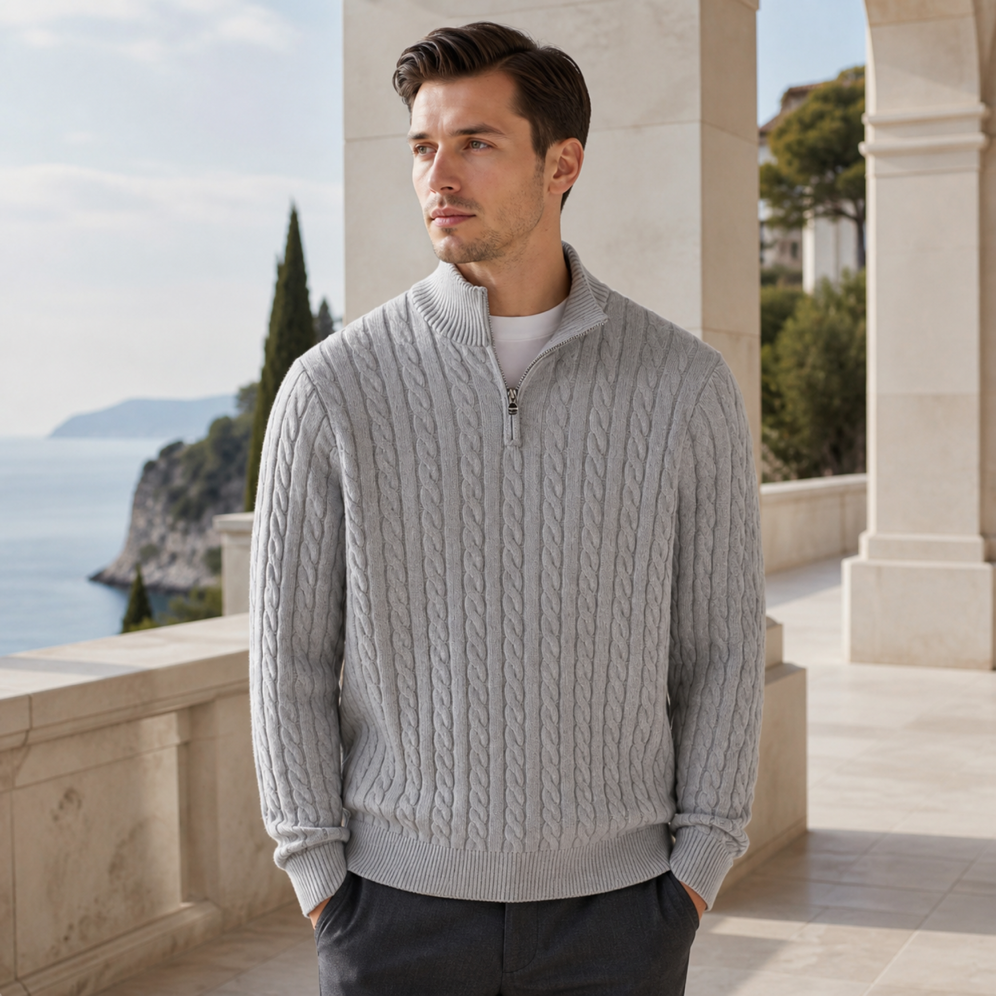 Avenor grey sweater styled on a terrace