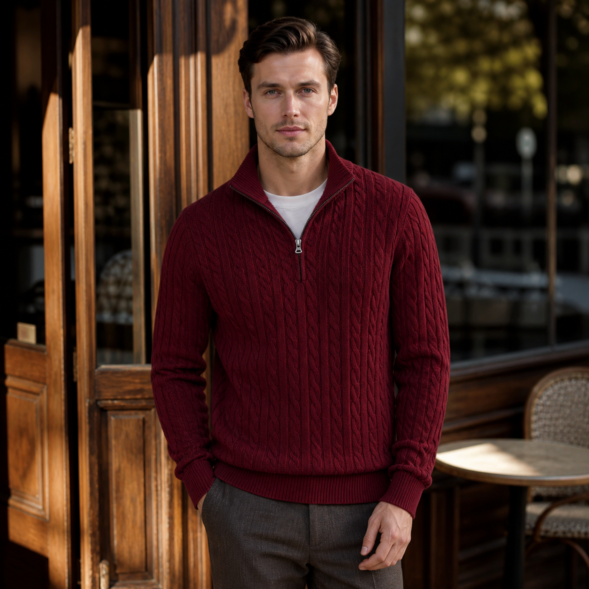 Avenor burgundy sweater styled by a cafe