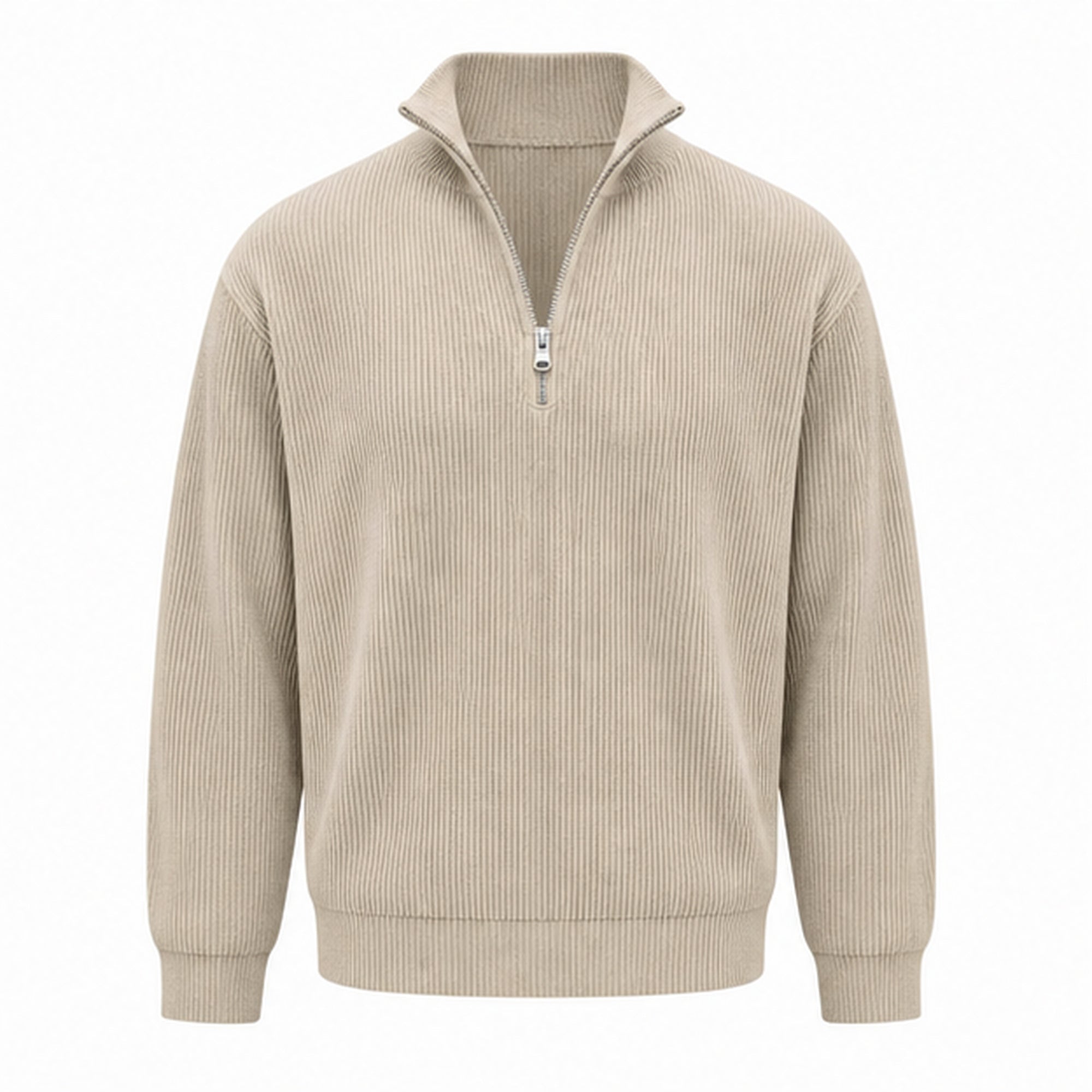 Khaki Avesaro men's ribbed cotton half-zip pullover on pure white
