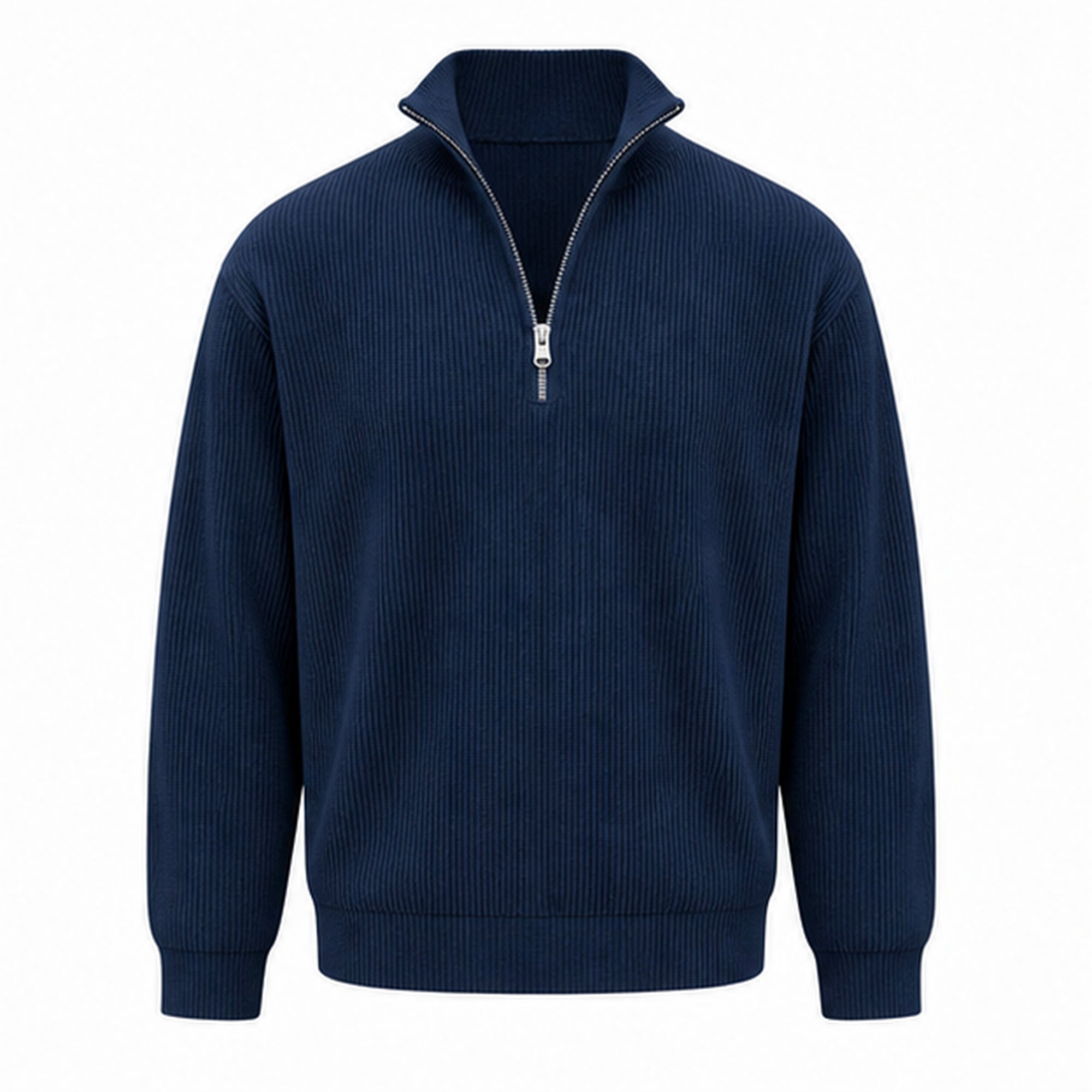 Navy Avesaro men's ribbed cotton half-zip pullover on pure white