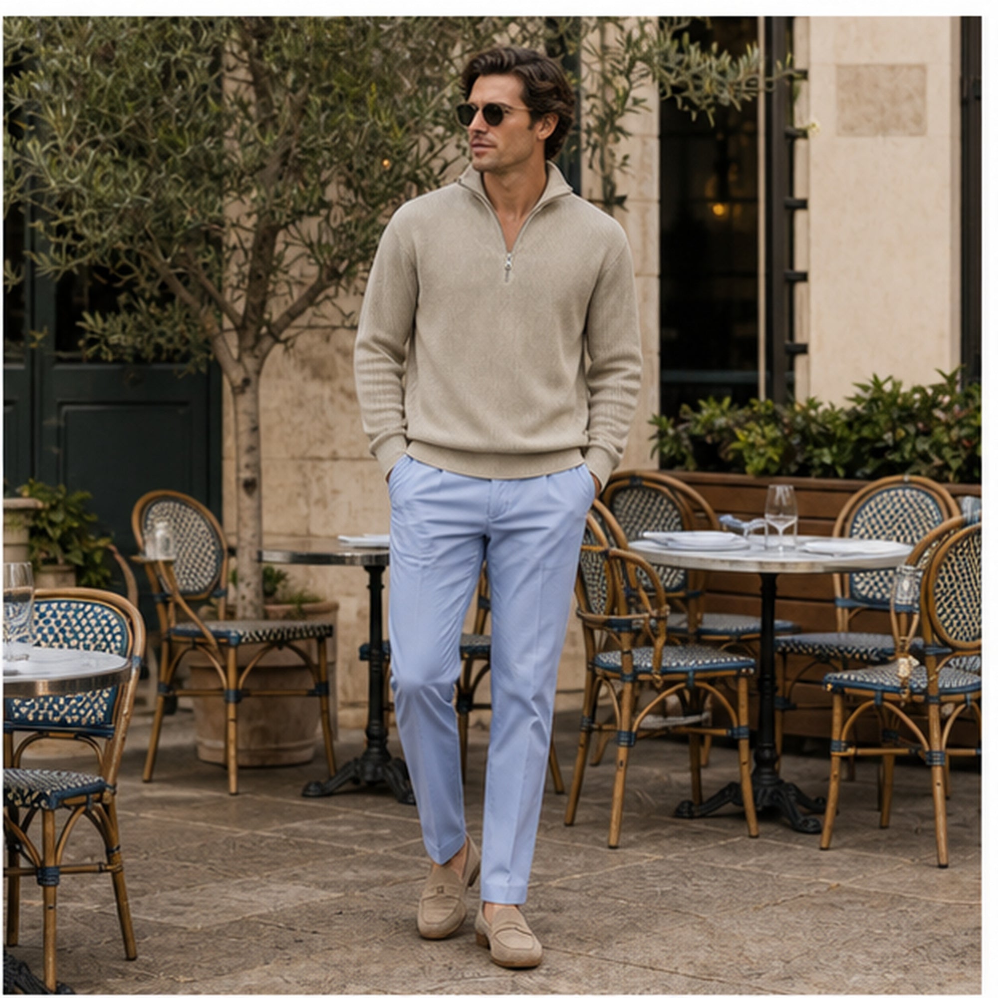 Khaki Avesaro half-zip pullover styled at an elegant cafe