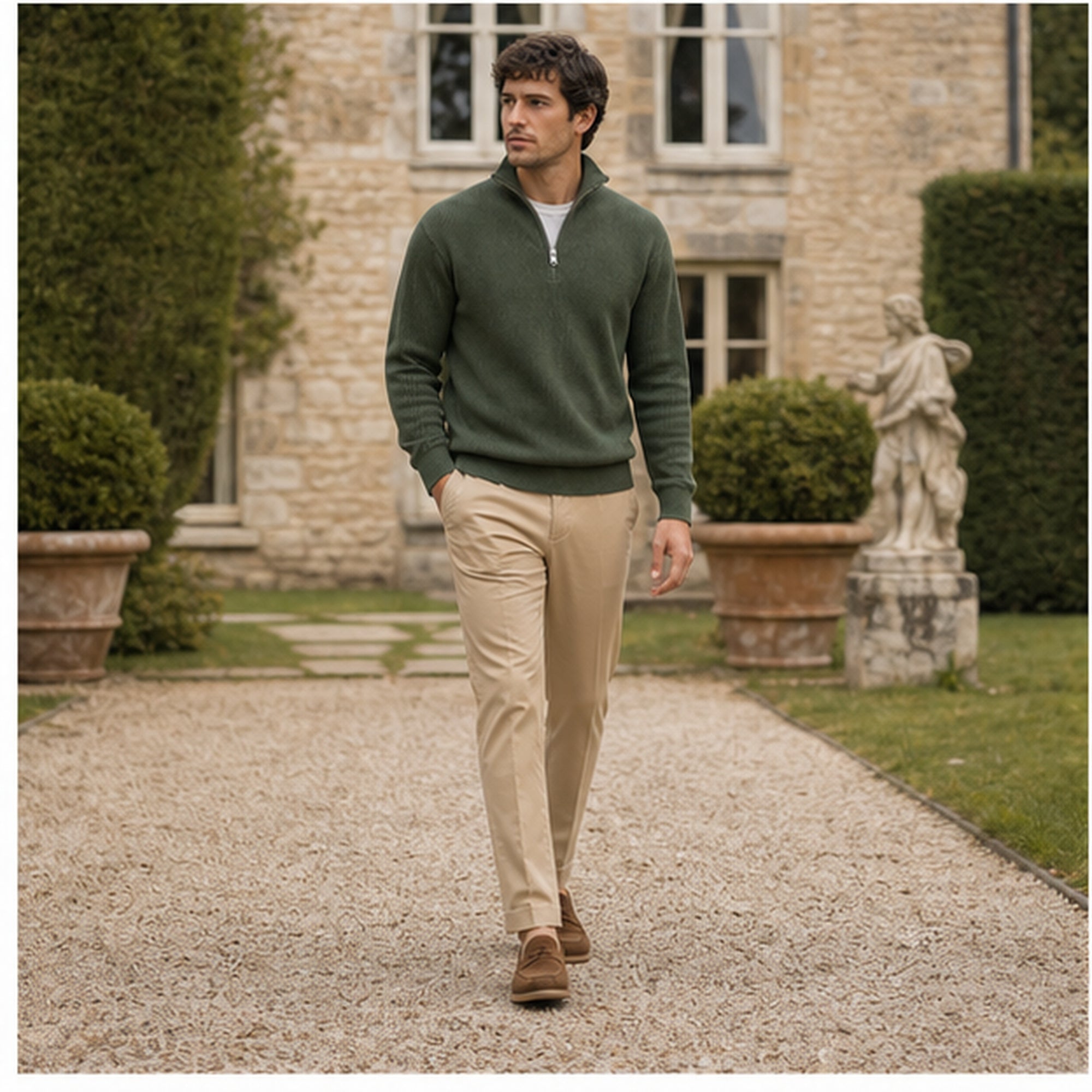 Green Avesaro half-zip pullover styled at a country estate