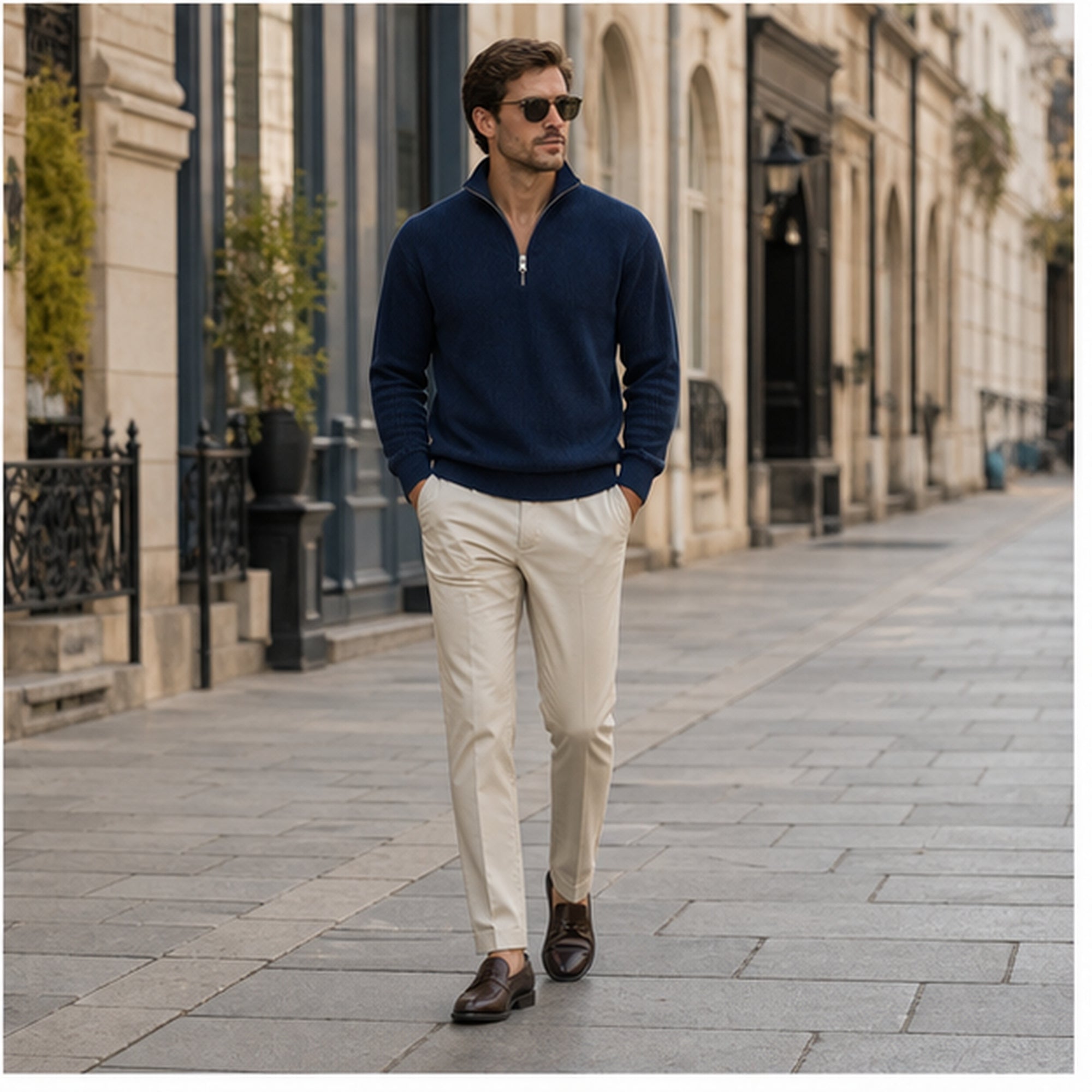 Navy Avesaro half-zip pullover styled on a European city street