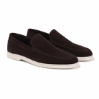 Bruce & Co Bellaro espresso brown suede-look moc-toe loafers on pure white, three-quarter view