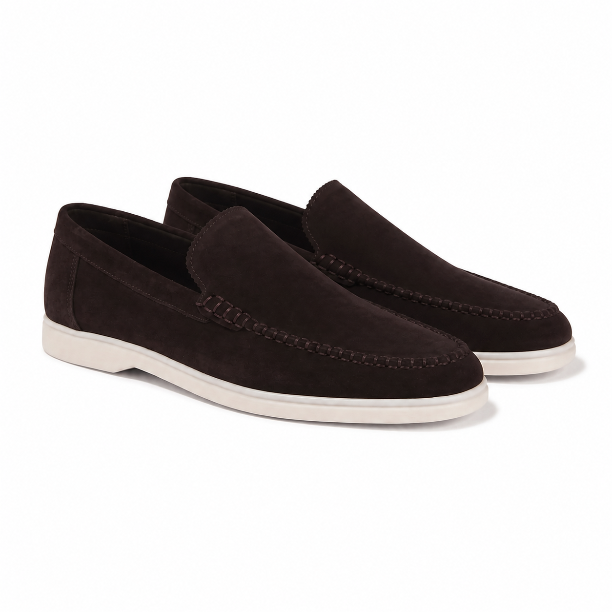 Bruce & Co Bellaro espresso brown suede-look moc-toe loafers on pure white, three-quarter view