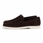 Bruce & Co Bellaro espresso brown suede-look loafers on pure white, side view