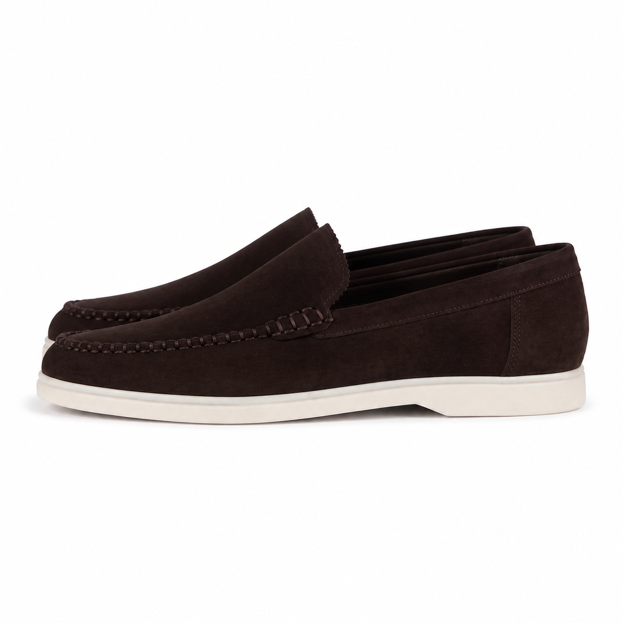 Bruce & Co Bellaro espresso brown suede-look loafers on pure white, side view