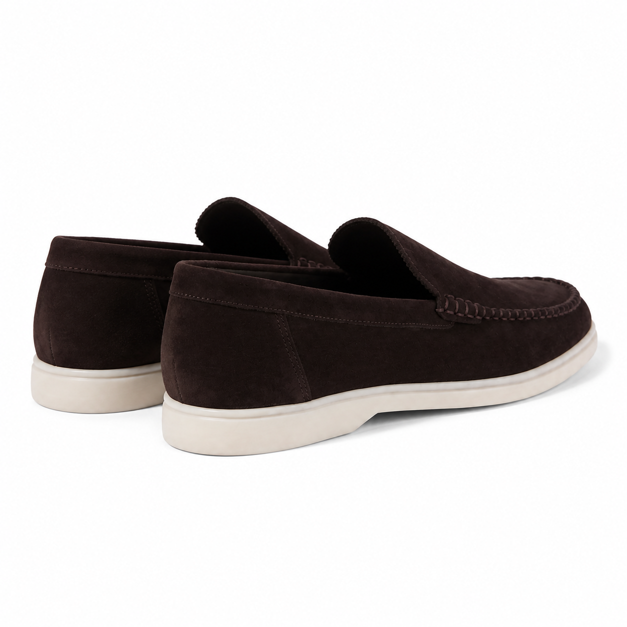Bruce & Co Bellaro espresso brown suede-look loafers on pure white, rear view
