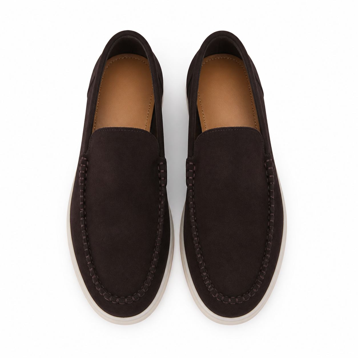 Bruce & Co Bellaro espresso brown suede-look moc-toe loafers on pure white, top view