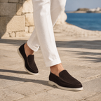 Bruce & Co Bellaro espresso brown loafers worn in an urban editorial setting
