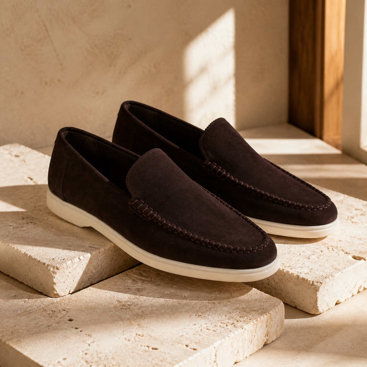 Bruce & Co Bellaro espresso brown loafers in a refined still-life editorial