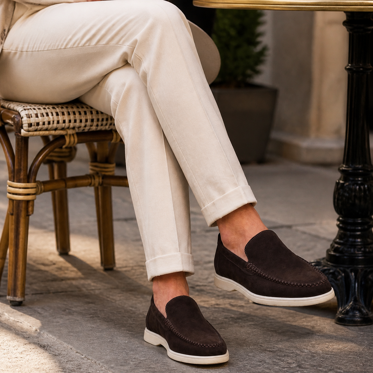 Bruce & Co Bellaro espresso brown loafers styled for a café editorial